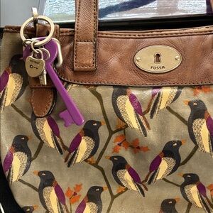 Fossil Key-VTG Coated Canvas/Leather Multicolor Bird Branch Shoulder Bag w/charm